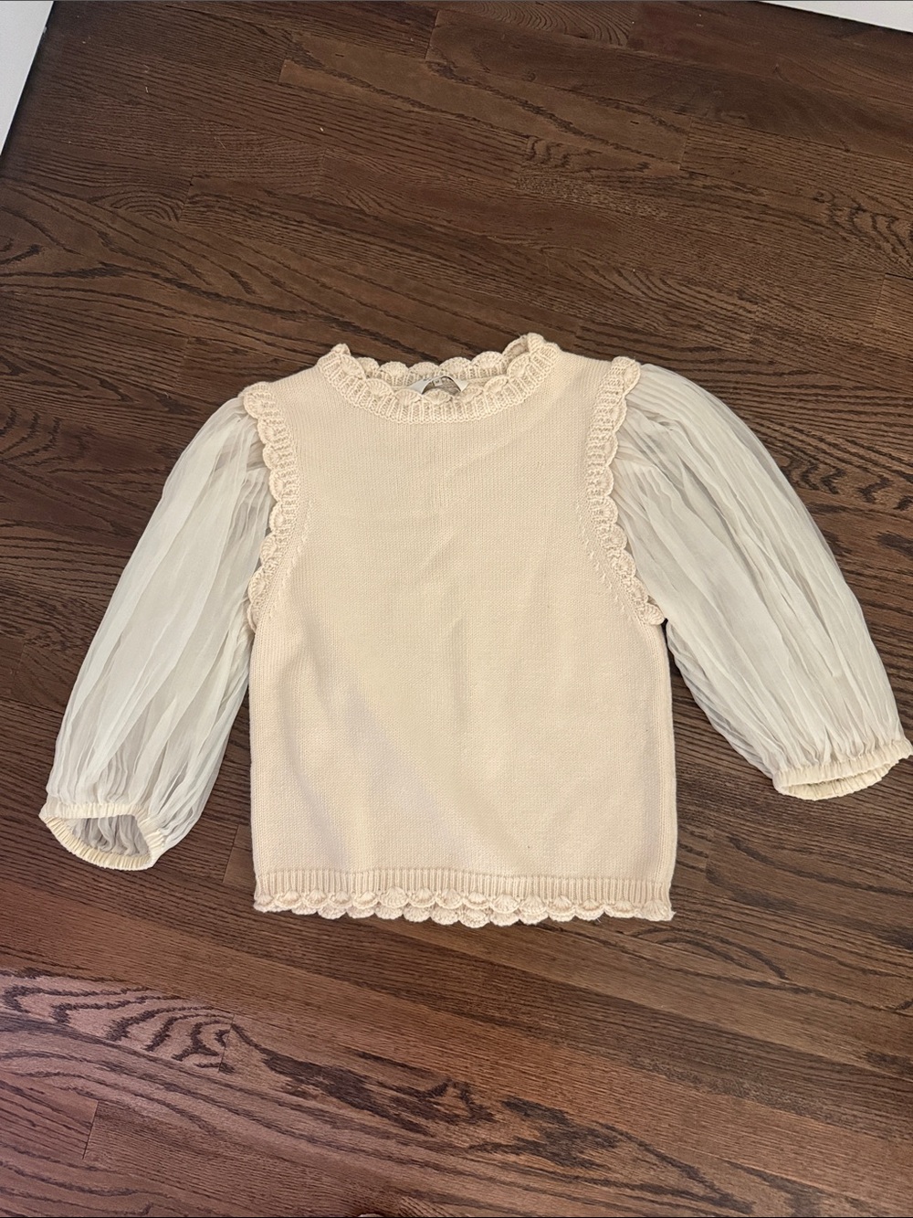Sea New York Cream Knit Top with Sheer Puff Sleeves